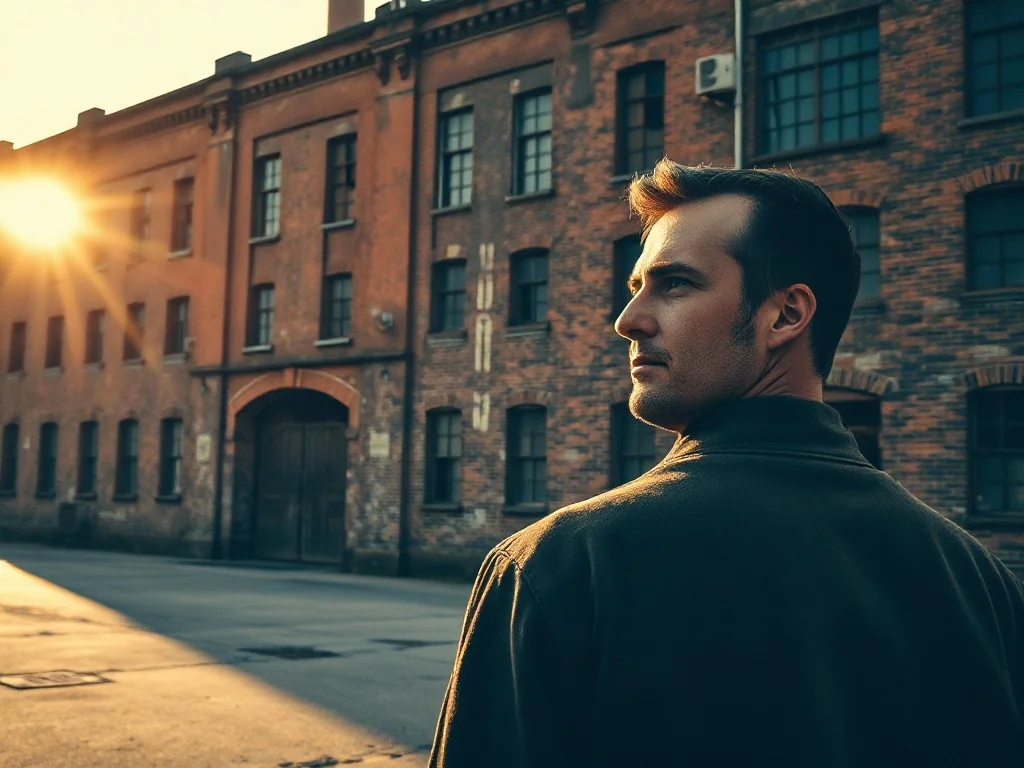 Mężczyzna stojący przed zabytkowym budynkiem Fabryki Emalia Oskara Schindlera w Krakowie w świetle zachodzącego słońca.
