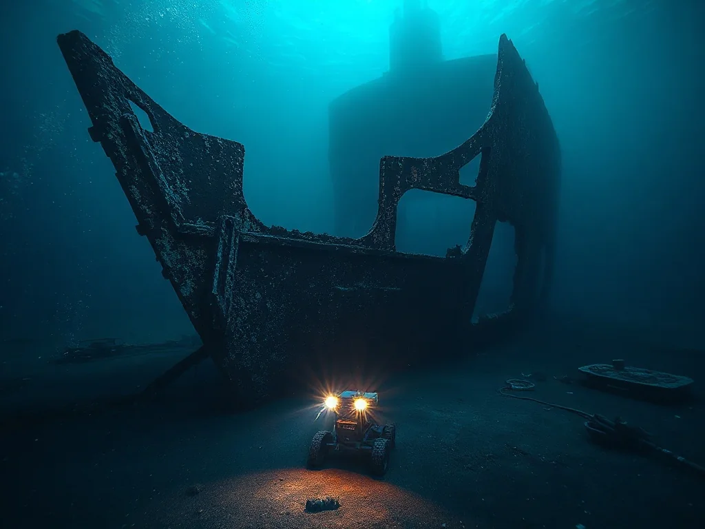 Zardzewiały dziób wraku Titanica spoczywający na dnie oceanu, oświetlony przez reflektory zdalnie sterowanego pojazdu ROV.