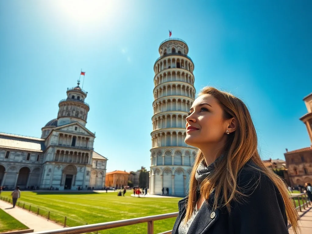 Turystka podziwiająca Krzywą Wieżę w Pizie na tle błękitnego nieba i placu Piazza dei Miracoli.