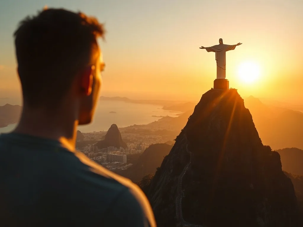 Statua Chrystusa Odkupiciela na górze Corcovado o zachodzie słońca z widokiem na panoramę Rio de Janeiro.