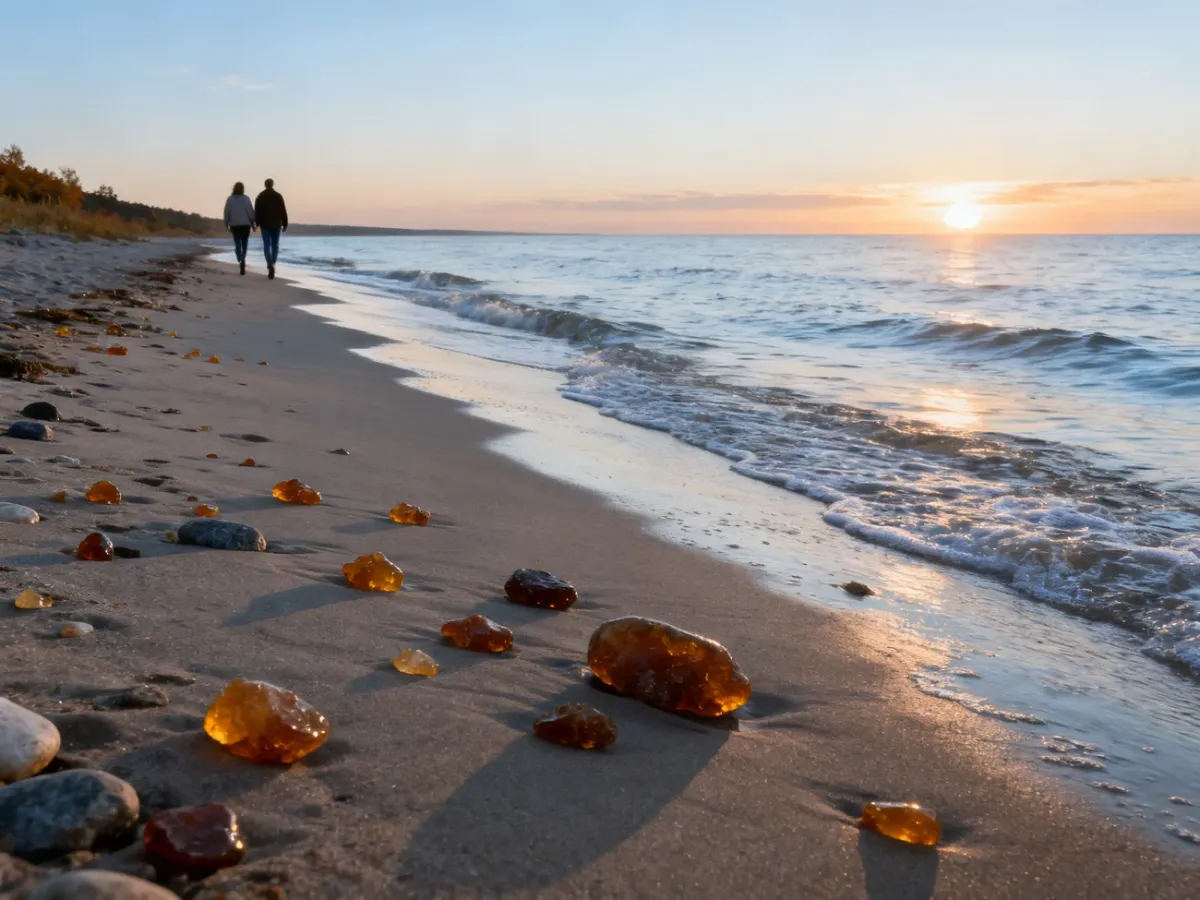 Spokojny wrześniowy spacer pary po pustej plaży nad Bałtykiem