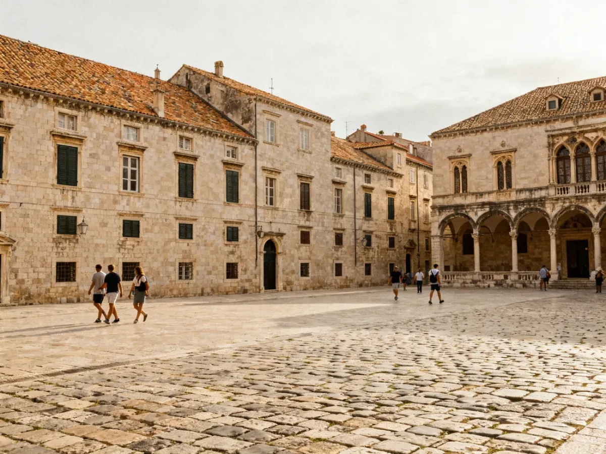 Spokojny zabytkowy plac europejskiego miasta poza sezonem