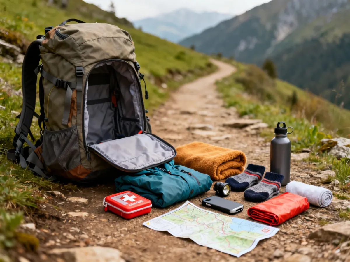Plecak trekkingowy z wyposażeniem na jednodniową wycieczkę