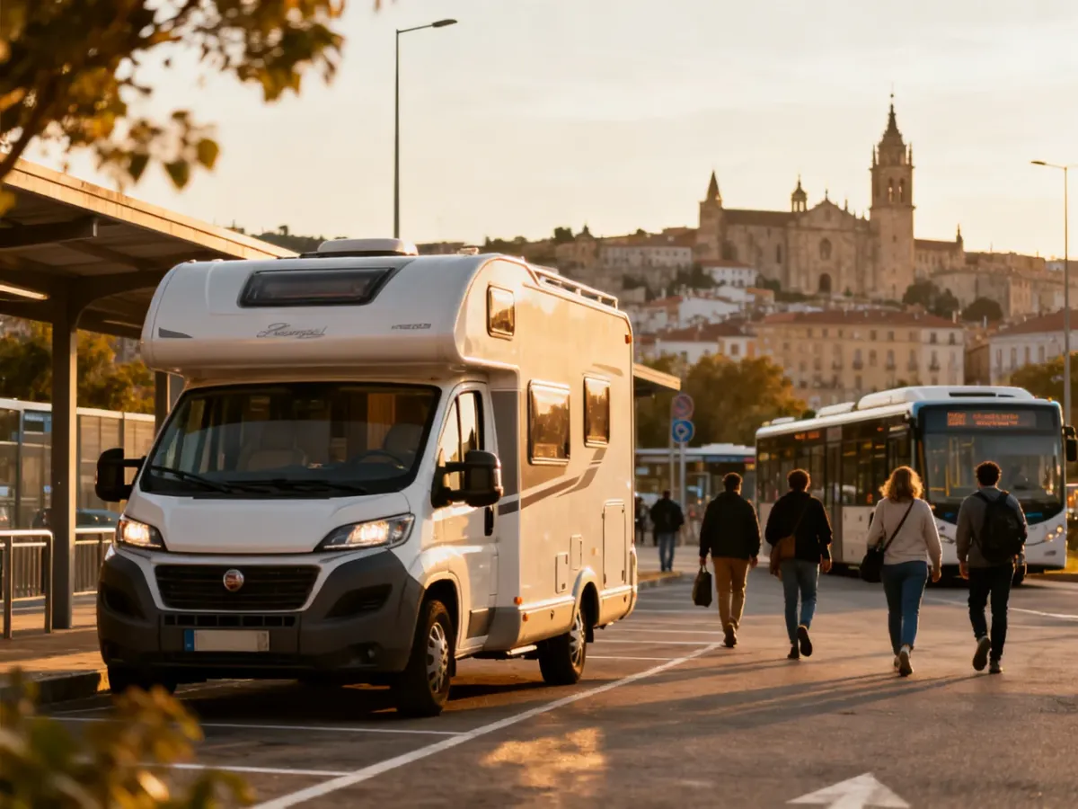 Kamper zaparkowany poza centrum przy parkingu Park and Ride