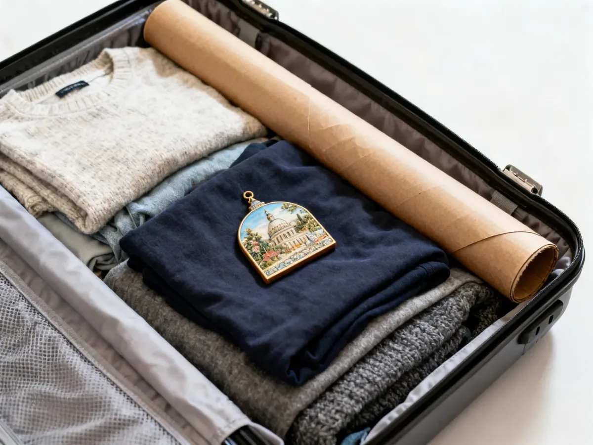 Souvenirs cushioned by clothes in the center of a suitcase