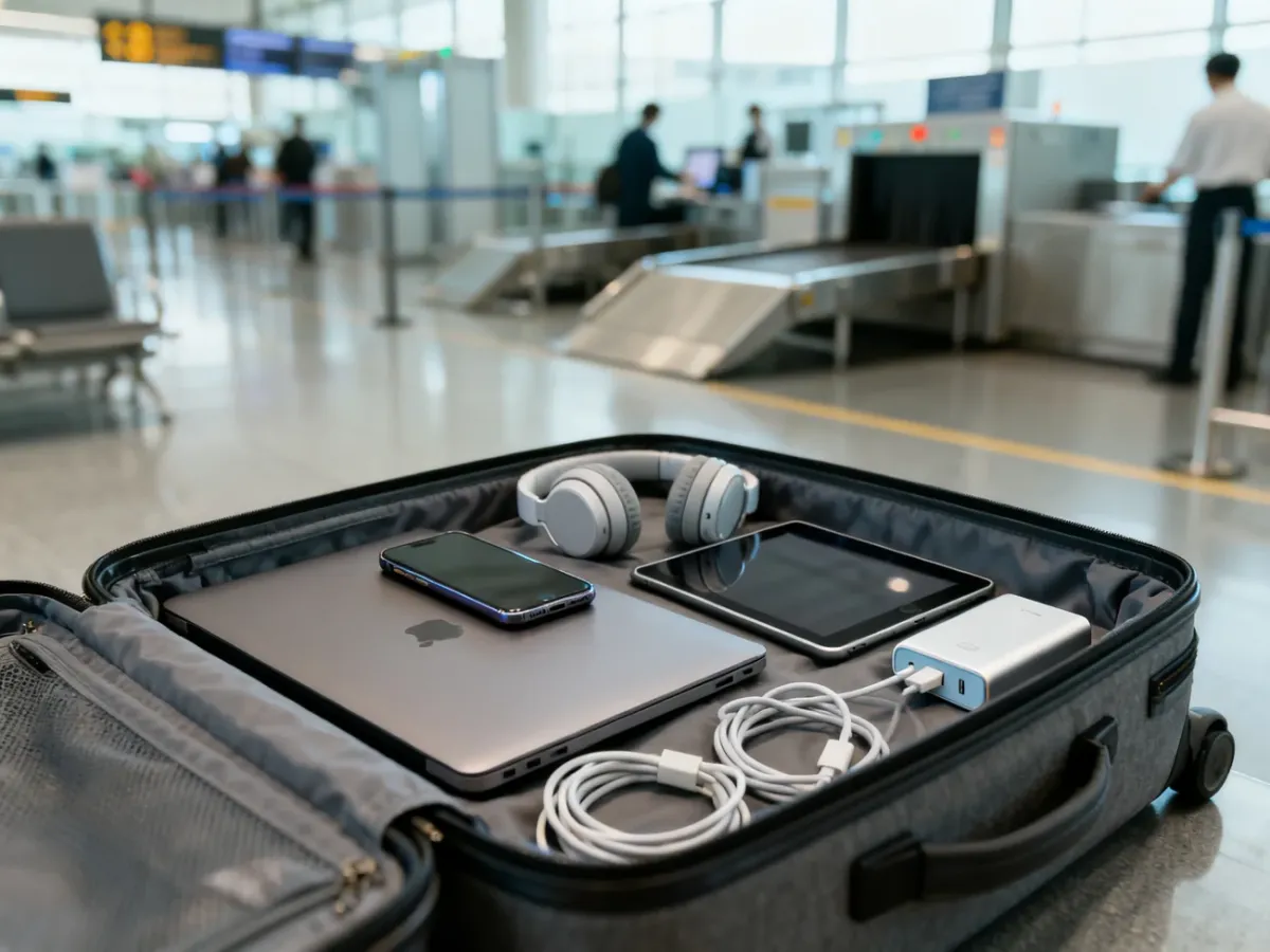 Elektronika i powerbank bezpiecznie spakowane w bagażu podręcznym