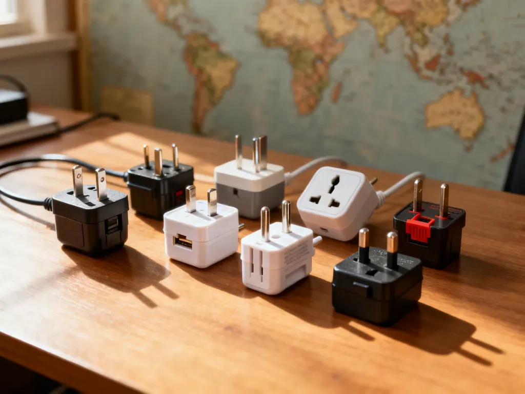 Różnorodne adaptery podróżne do gniazdek elektrycznych ułożone na drewnianym stole na tle mapy świata.