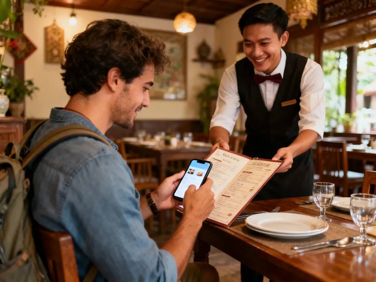 Podróżnik korzystający ze smartfona podczas zamawiania jedzenia w restauracji