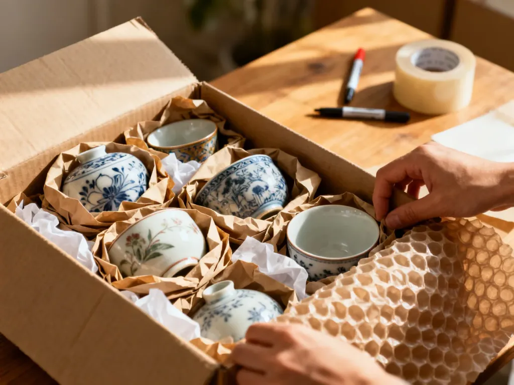 Ceramiczne pamiątki starannie owijane w papier i folię bąbelkową przed włożeniem do kartonu.
