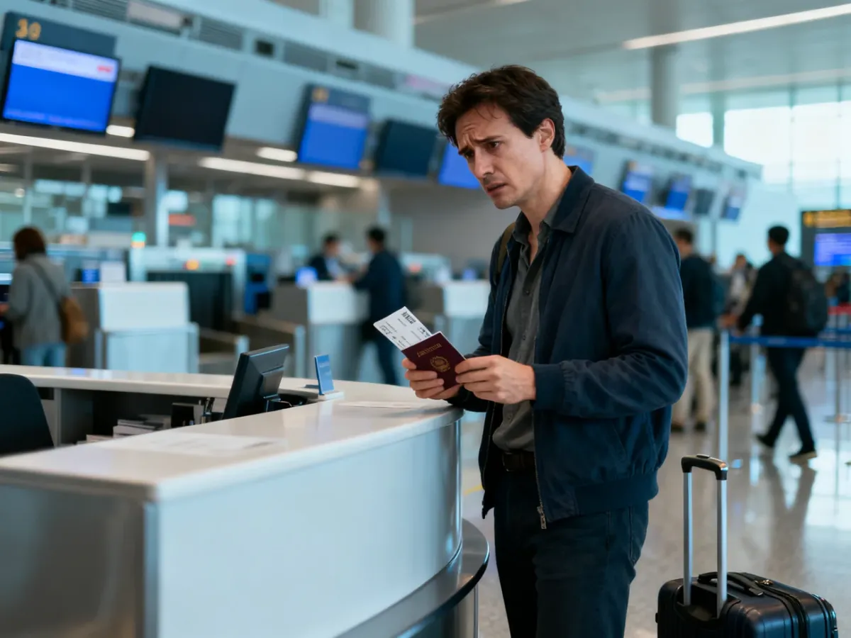 Pasażer z walizką przy punkcie transferowym na lotnisku