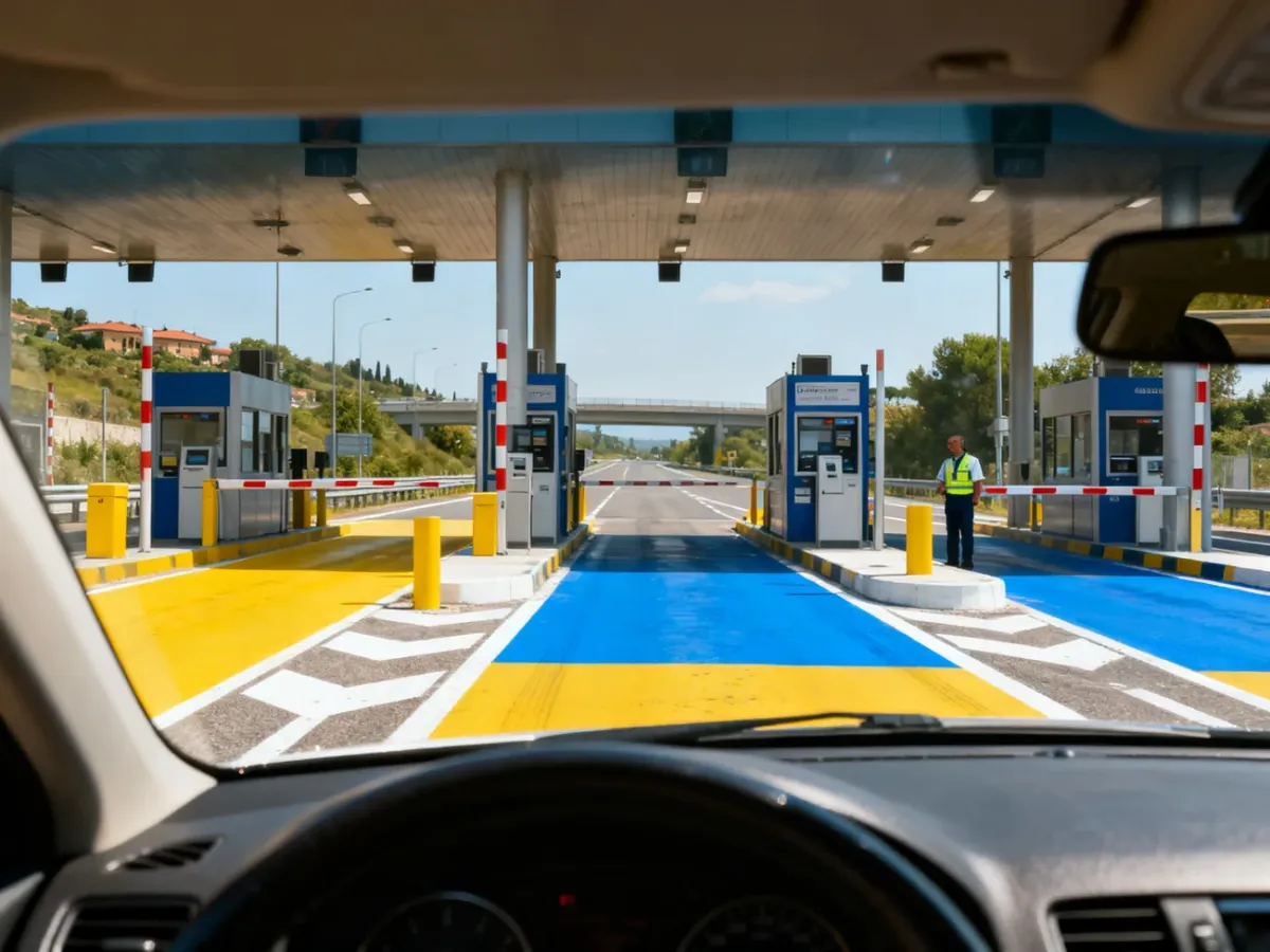 Samochód zbliżający się do włoskich bramek autostradowych z kolorowymi pasami płatności