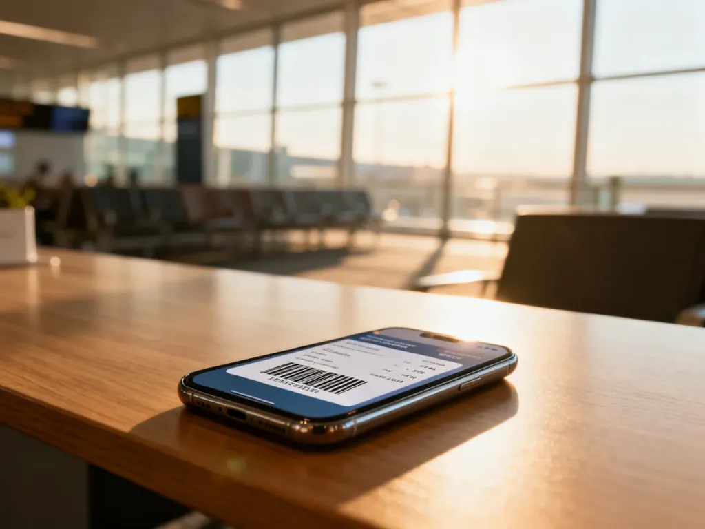 Smartfon z cyfrową kartą pokładową na ekranie, leżący na drewnianym biurku w tle lotniska.