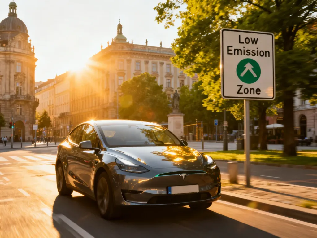 Nowoczesny samochód elektryczny wjeżdża do strefy czystego transportu w europejskim mieście z zabytkową architekturą.
