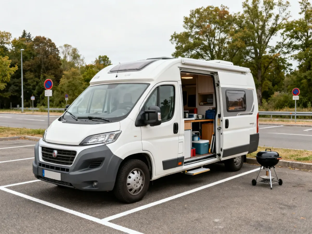 Kamper zaparkowany na zwykłym parkingu bez rozstawionego wyposażenia