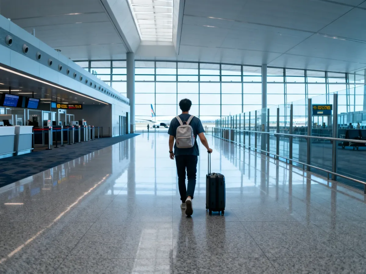 Podróżny przechodzący przez terminal podczas przesiadki