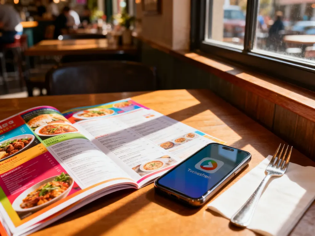Otwarte menu w restauracji oraz smartfon z aplikacją do tłumaczenia, ułatwiające zamawianie posiłków za granicą.