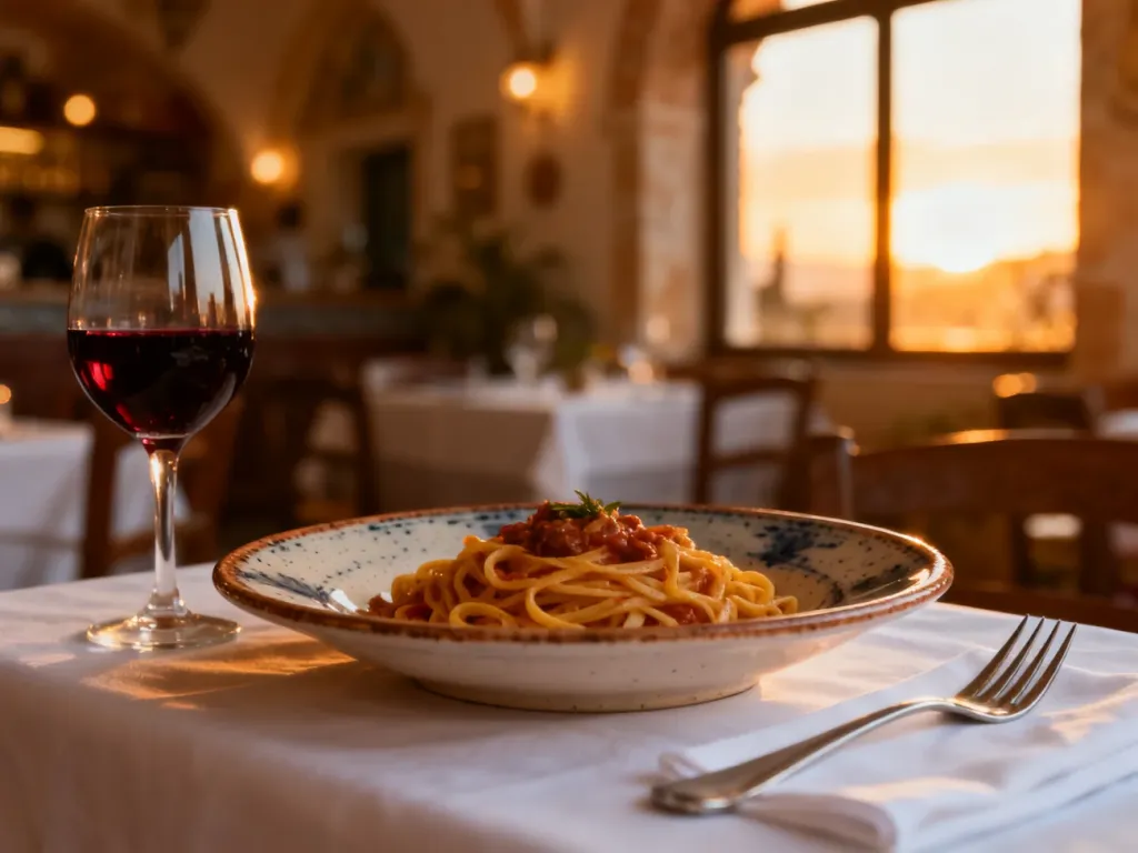 Elegancko nakryty stół z makaronem i winem w klimatycznej włoskiej restauracji, ilustrujący zasady savoir-vivre'u.