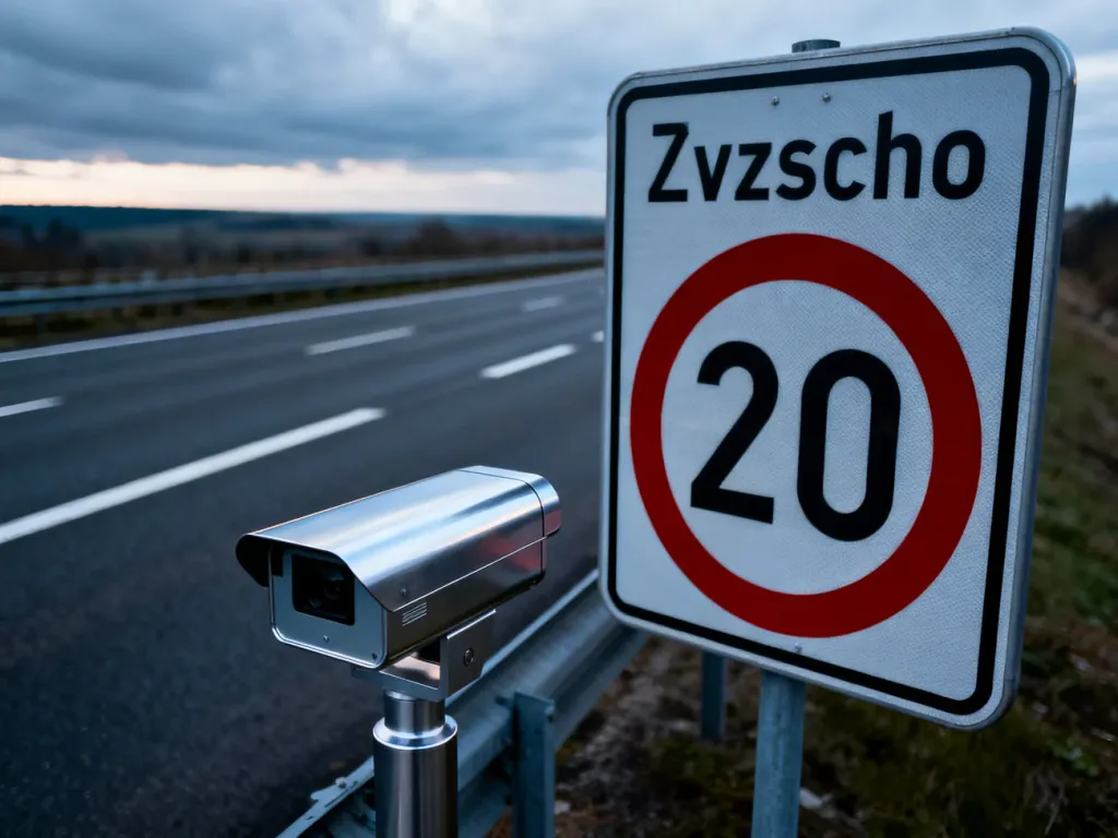 Znak ograniczenia prędkości przy czeskiej autostradzie oraz fotoradar monitorujący ruch drogowy.