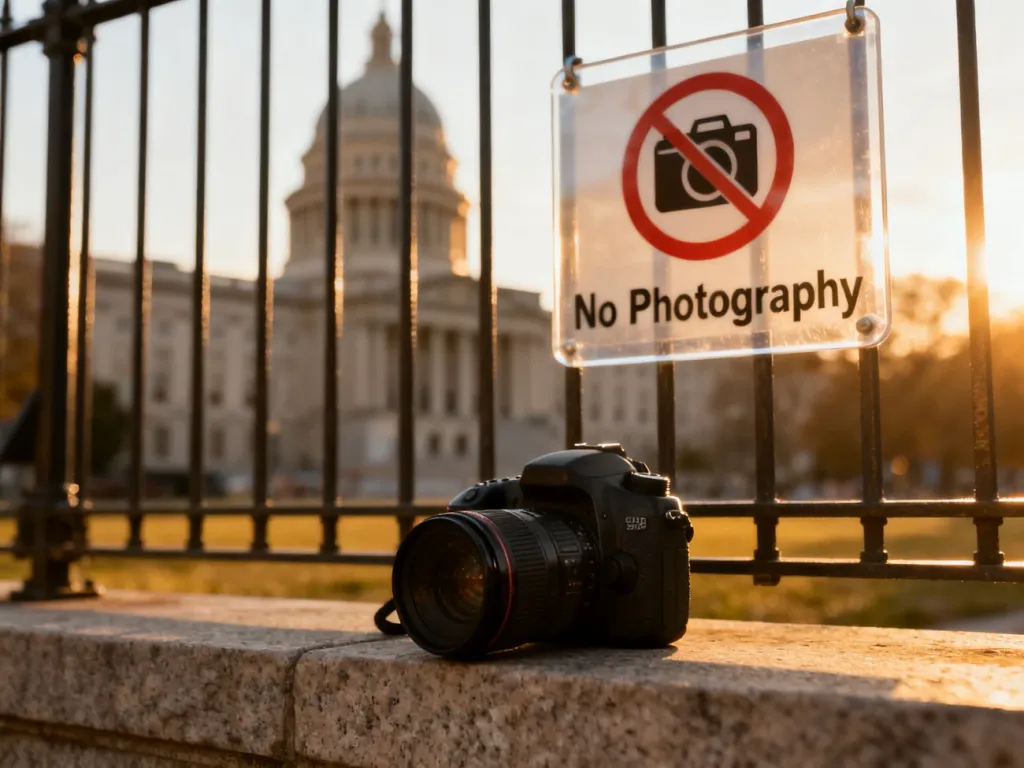Profesjonalny aparat fotograficzny umieszczony przed znakiem zakazu fotografowania na tle zabytkowego budynku.