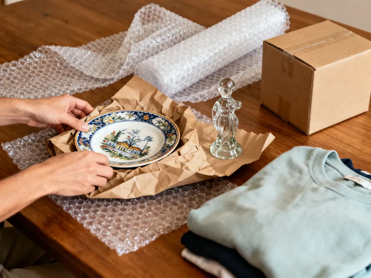 Ceramic and glass souvenirs wrapped in paper and bubble wrap