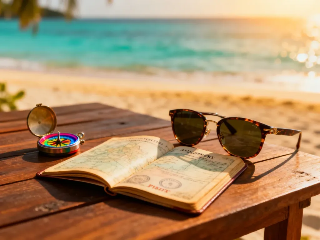 Otwarty paszport, okulary przeciwsłoneczne i kompas na drewnianym stole na tle rozmytej, tropikalnej plaży.