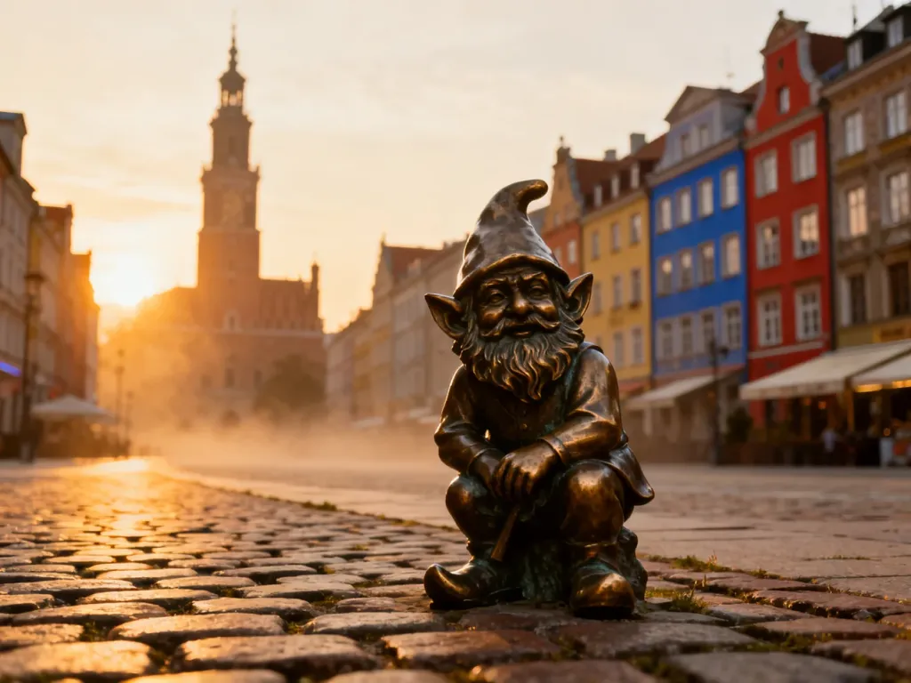 Wrocławski Rynek o wschodzie słońca z charakterystyczną figurką krasnala na pierwszym planie i kolorowymi kamienicami.