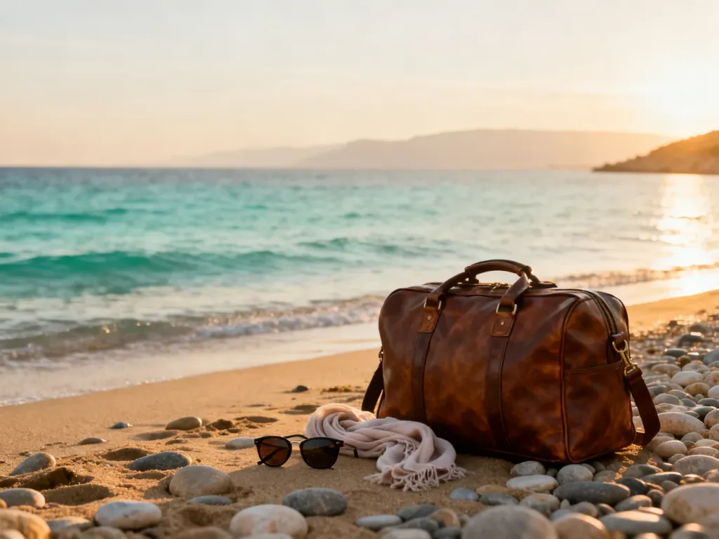 Skórzana torba podróżna, okulary i szal na piaszczystej plaży z widokiem na spokojne morze na Cyprze w lutym.