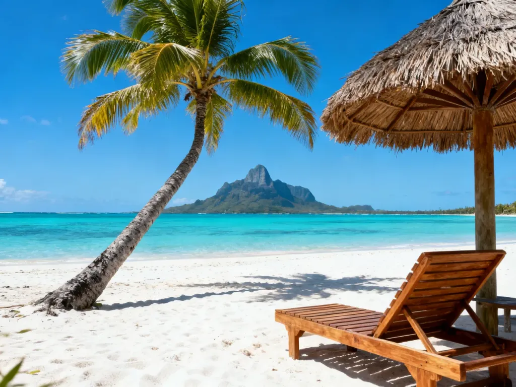 Piaszczysta plaża na Mauritiusie z turkusową wodą, palmami i górą Le Morne Brabant w tle w słoneczny dzień.
