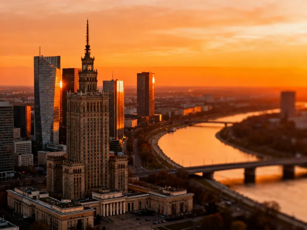 Panorama Warszawy o zachodzie słońca z Pałacem Kultury i Nauki oraz nowoczesnymi wieżowcami w blasku złotego światła.
