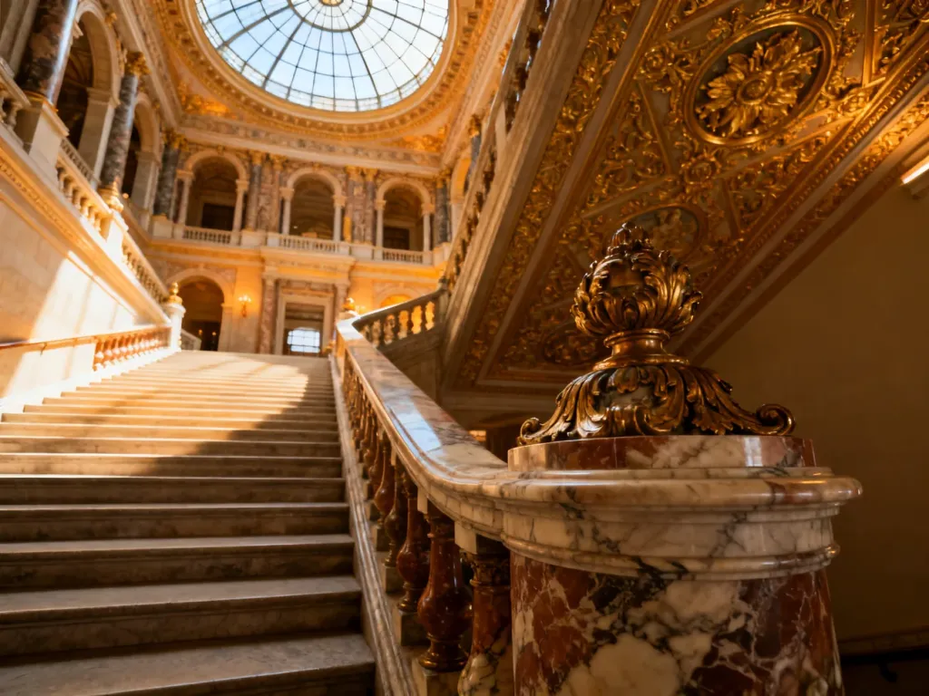 Wspaniałe, bogato zdobione marmurowe schody główne w wiedeńskim Muzeum Historii Sztuki pod przeszkloną kopułą.
